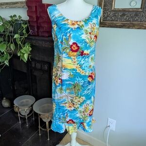 Vintage Y2K Hawaiian Print Tropical Dress Size 8 Blue Beach Floral Vacation 160